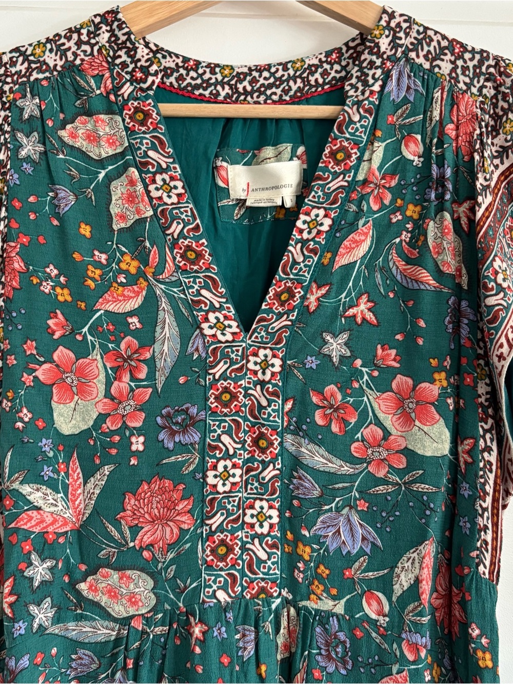 Anthropologie Teal Floral V-Neck Midi Dress - Picture 2 of 3
